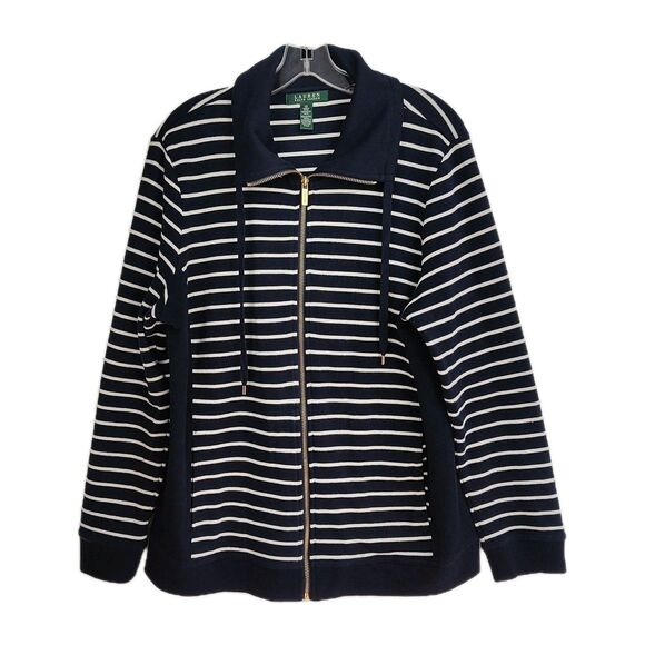 Lauren Ralph Lauren Jackets & Blazers - Lauren Ralph Lauren Full-Zip Women's Sweater Jacket, 1X, Navy w/ White Stripes